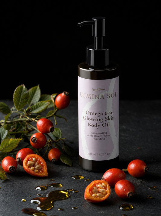 Omega Body Oil — lifestyle shot on wooden surface with natural elements
