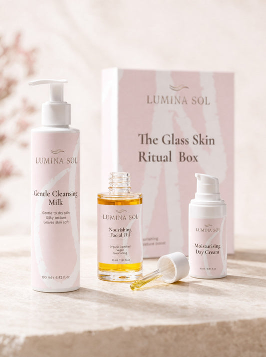 The Glass Skin Ritual Box — three products: Cleansing Milk, Facial Oil, Moisturizing Cream
