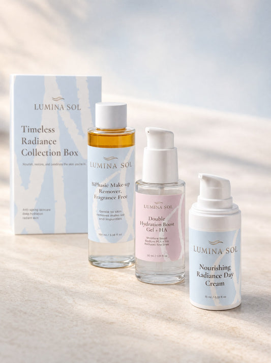 Timeless Radiance — gift box presentation with BiPhasic Remover, Hydration Gel, Day Cream