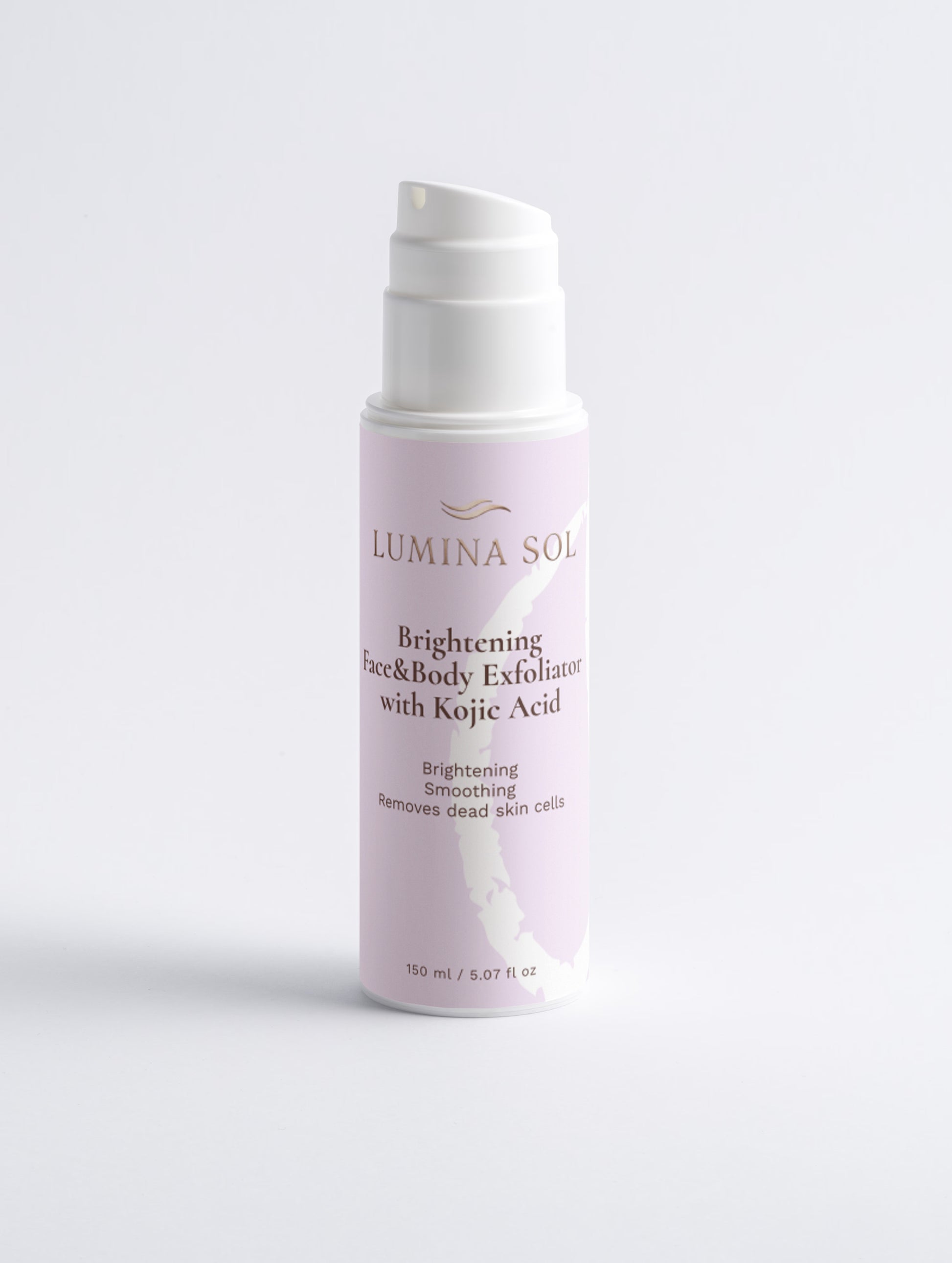 Brightening Face and Body Exfoliator with Kojic Acid — front view of white tube on light surface