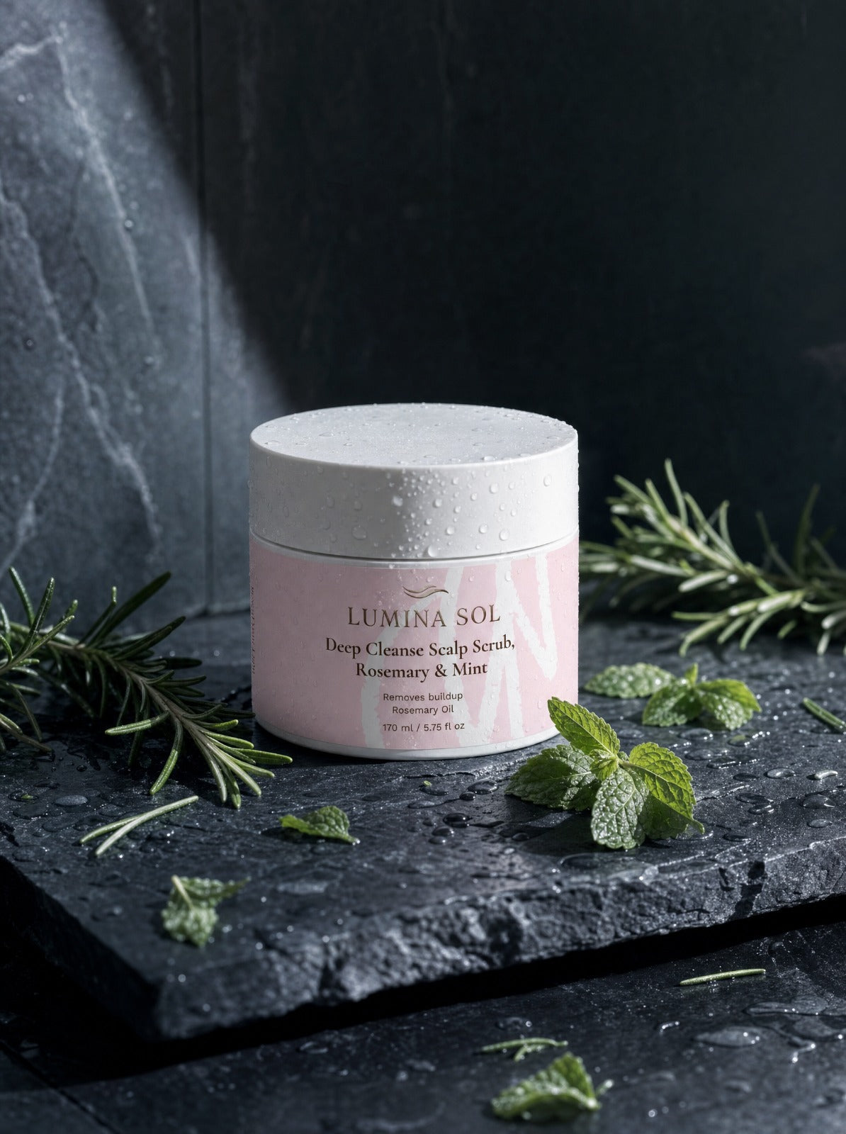Scalp Scrub Rosemary Mint — lifestyle shot on bathroom shelf with towel