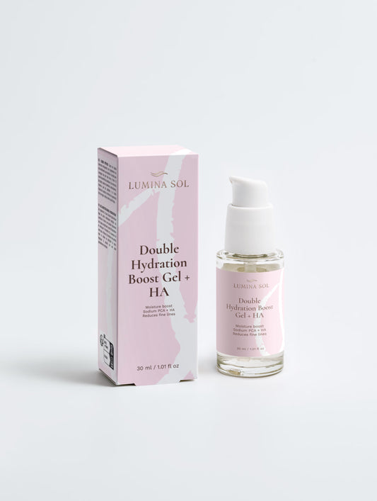 Double Hydration Boost Gel with Hyaluronic Acid — front view of white and gold pump bottle