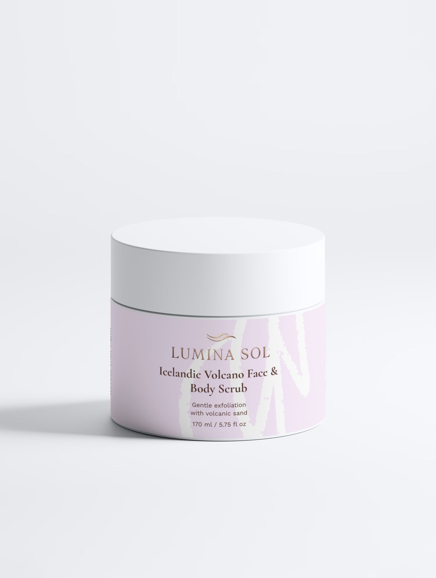 Icelandic Volcano Face and Body Scrub — front view of white jar with volcanic sand formula