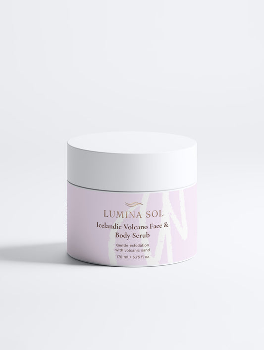 Icelandic Volcano Face and Body Scrub — front view of white jar with volcanic sand formula