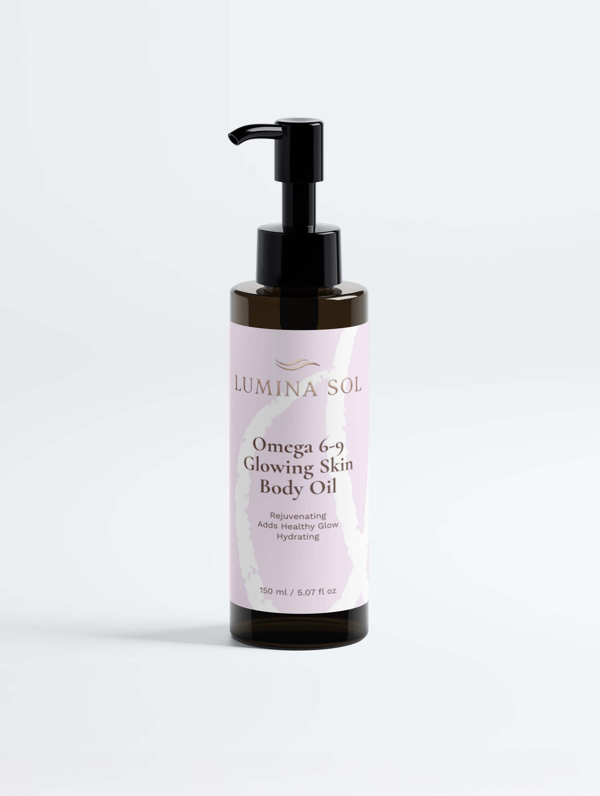 Omega 6-9 Glowing Skin Body Oil — front view of black bottle with dropper on light background