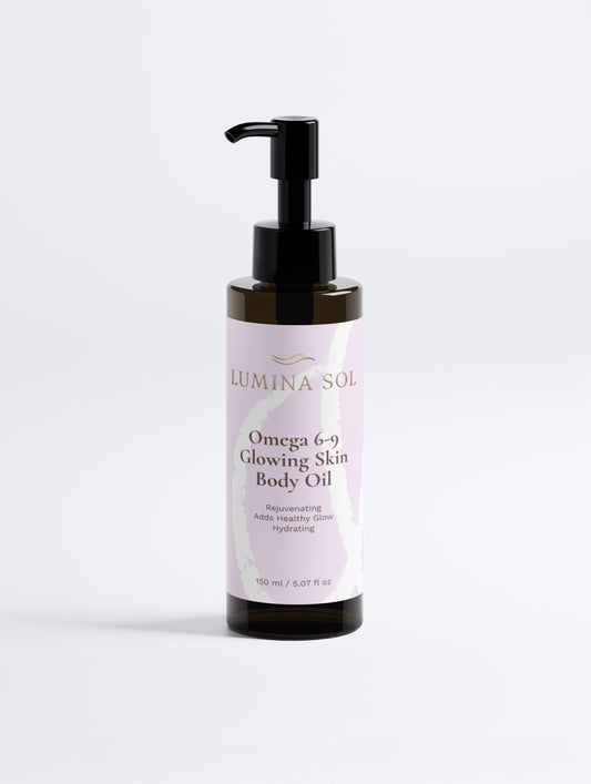Omega 6-9 Glowing Skin Body Oil — front view of black bottle with dropper on light background