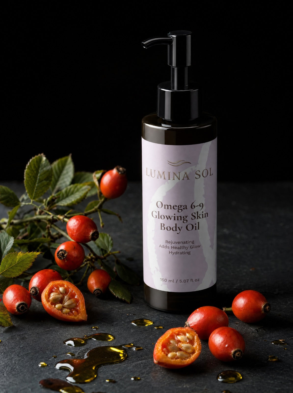 Omega Body Oil — lifestyle shot on wooden surface with natural elements