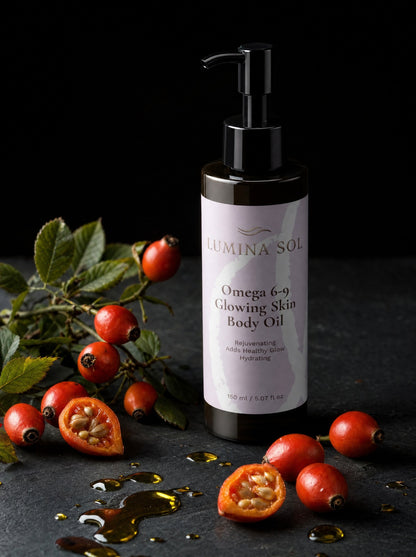 Omega Body Oil — lifestyle shot on wooden surface with natural elements