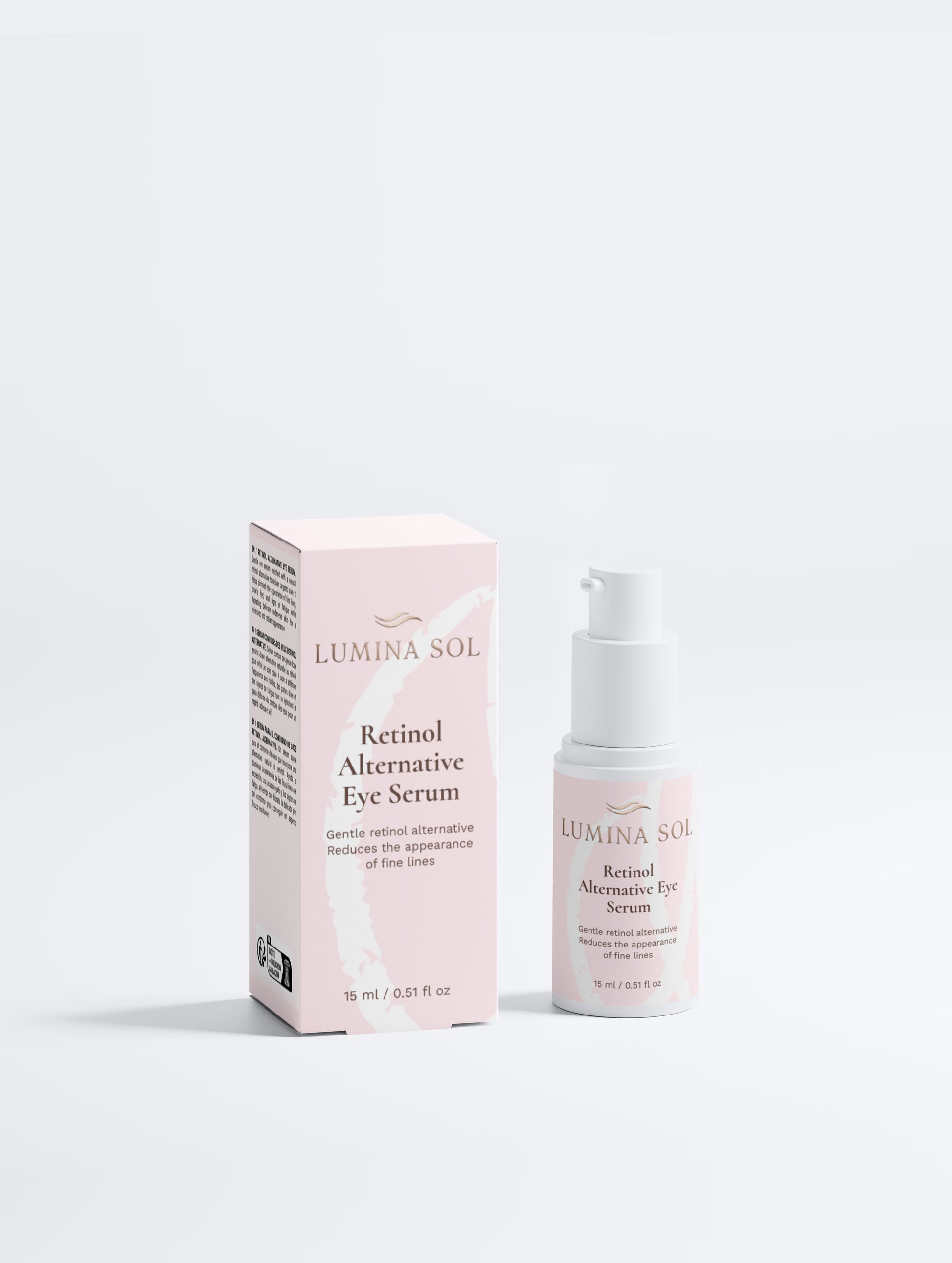 Retinol Alternative Eye Serum — front view of white bottle with pump on white background