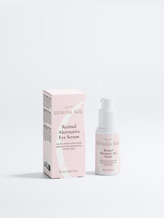 Retinol Alternative Eye Serum — front view of white bottle with pump on white background