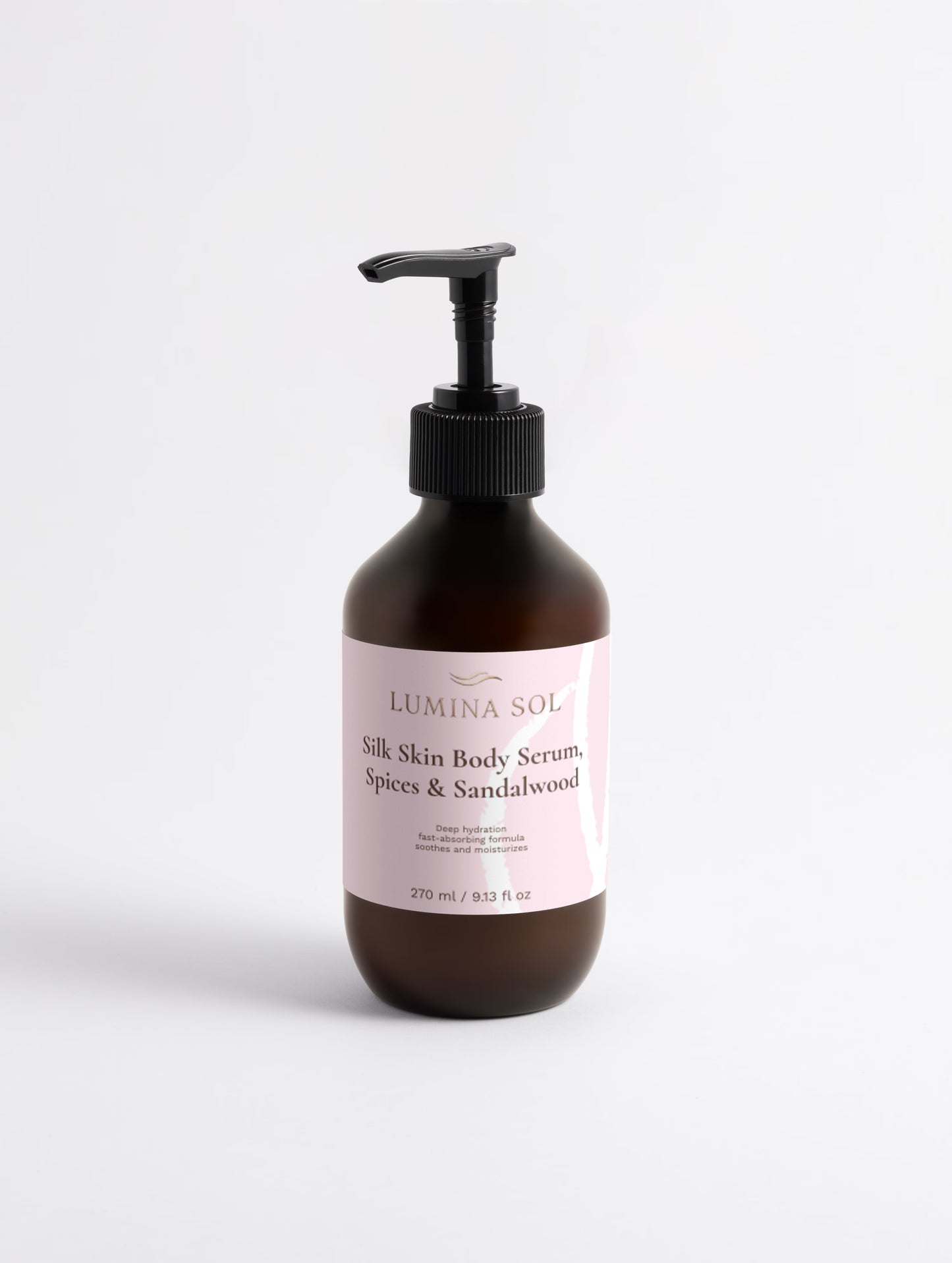 Silk Skin Body Serum Spices and Sandalwood — front view of elegant bottle on white background