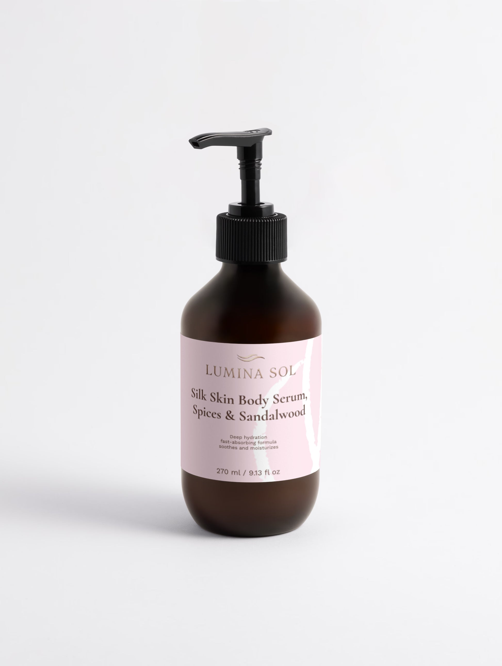Silk Skin Body Serum Spices and Sandalwood — front view of elegant bottle on white background