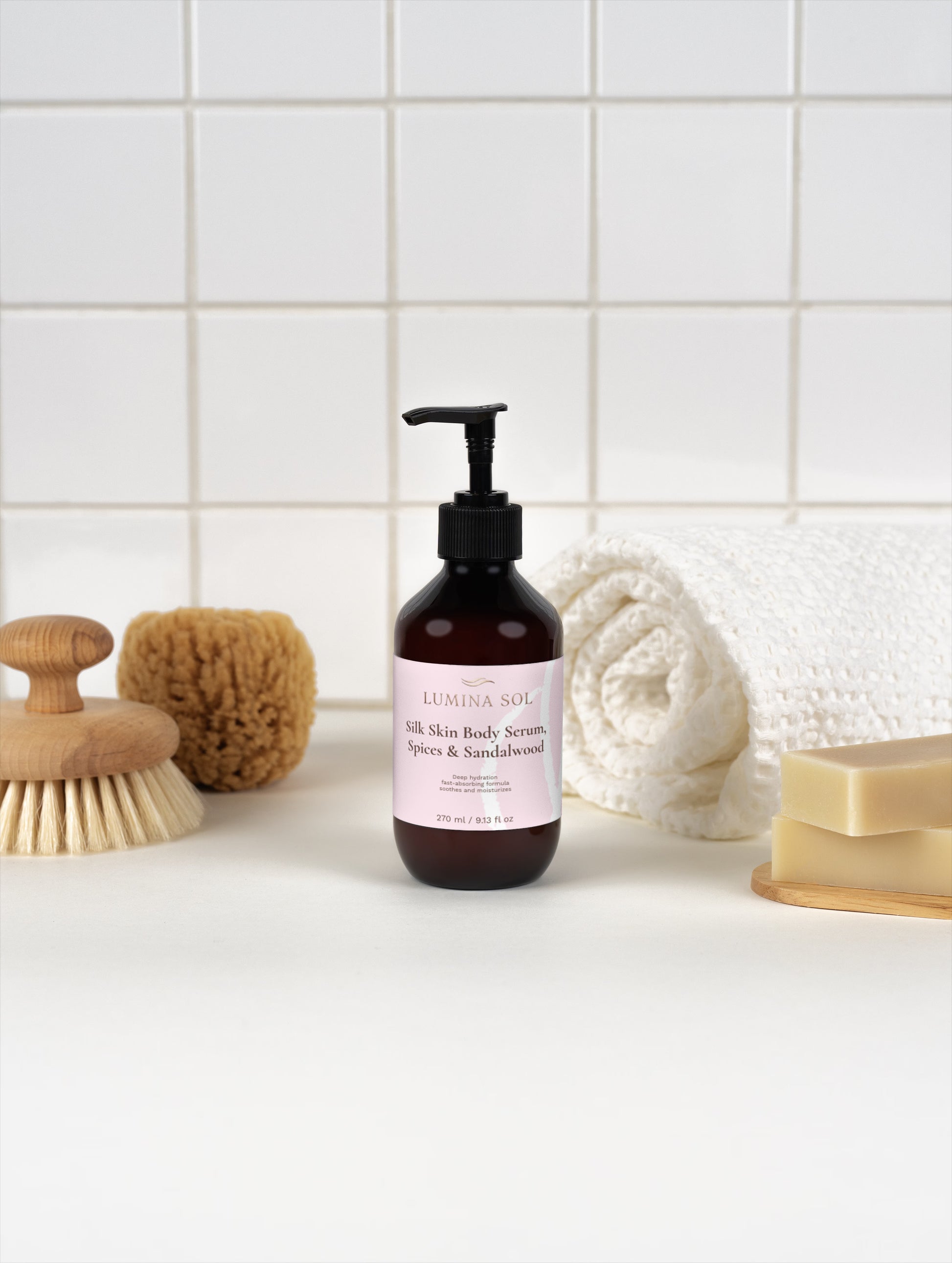 Silk Body Serum — angled view showing dropper and amber glass bottle