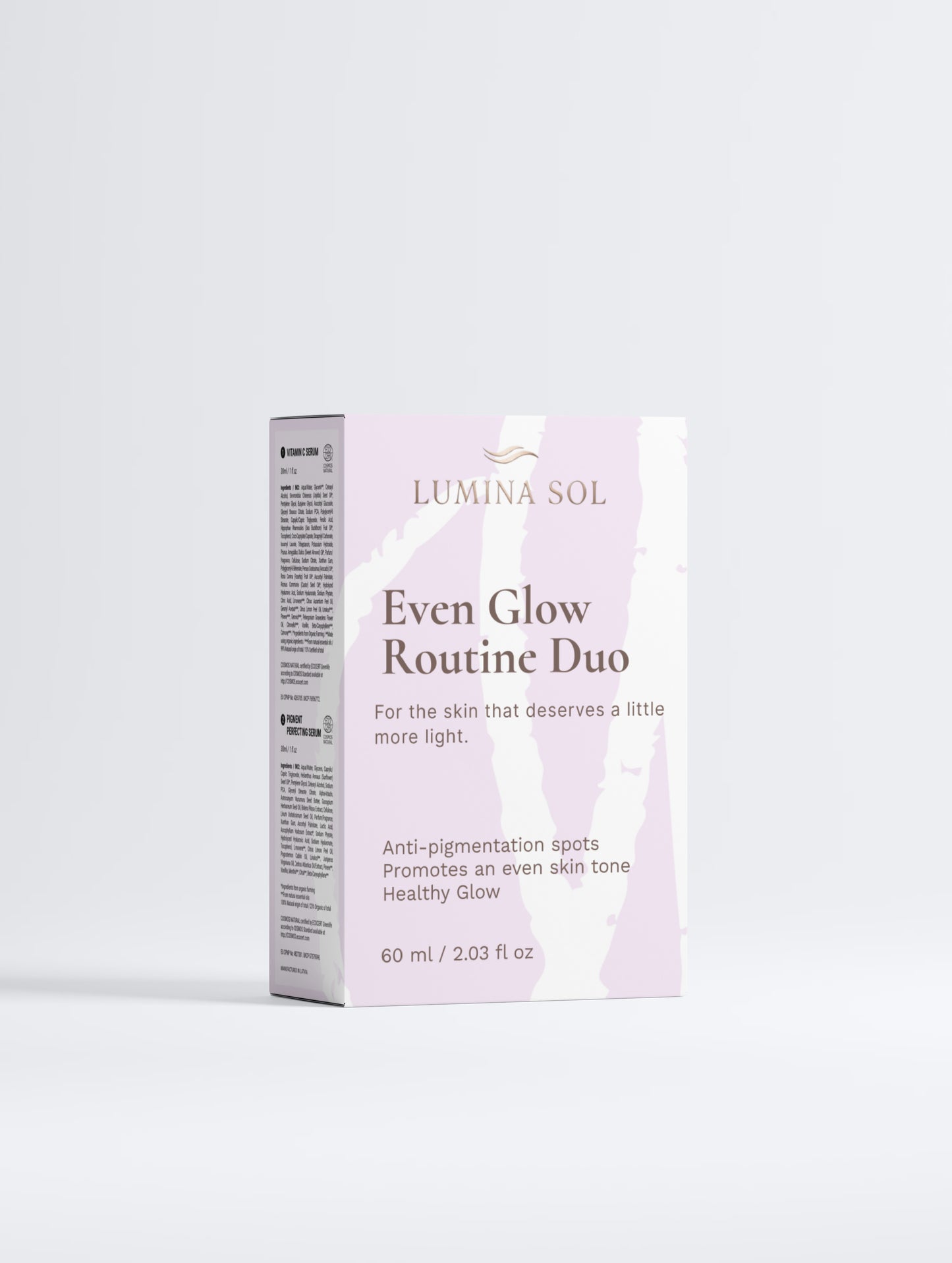 The Even Glow Duo — Dark Spot Corrector Serum and Brightening Moisturizer on light background