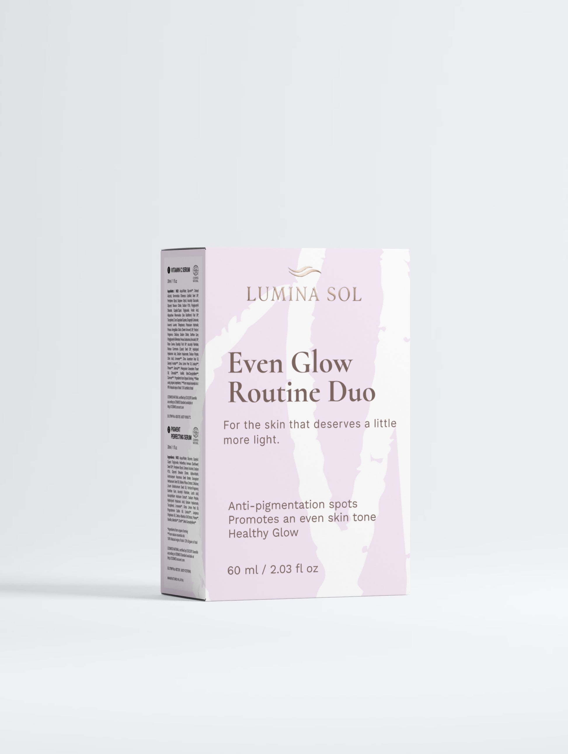 The Even Glow Duo — Dark Spot Corrector Serum and Brightening Moisturizer on light background