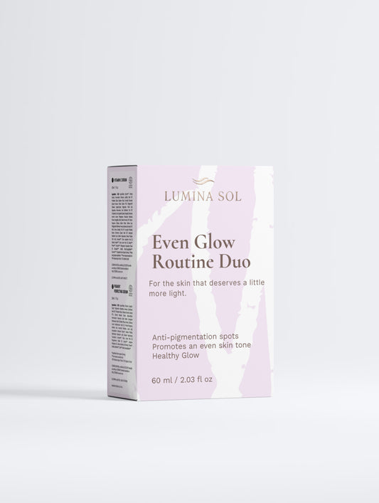 The Even Glow Duo — Dark Spot Corrector Serum and Brightening Moisturizer on light background
