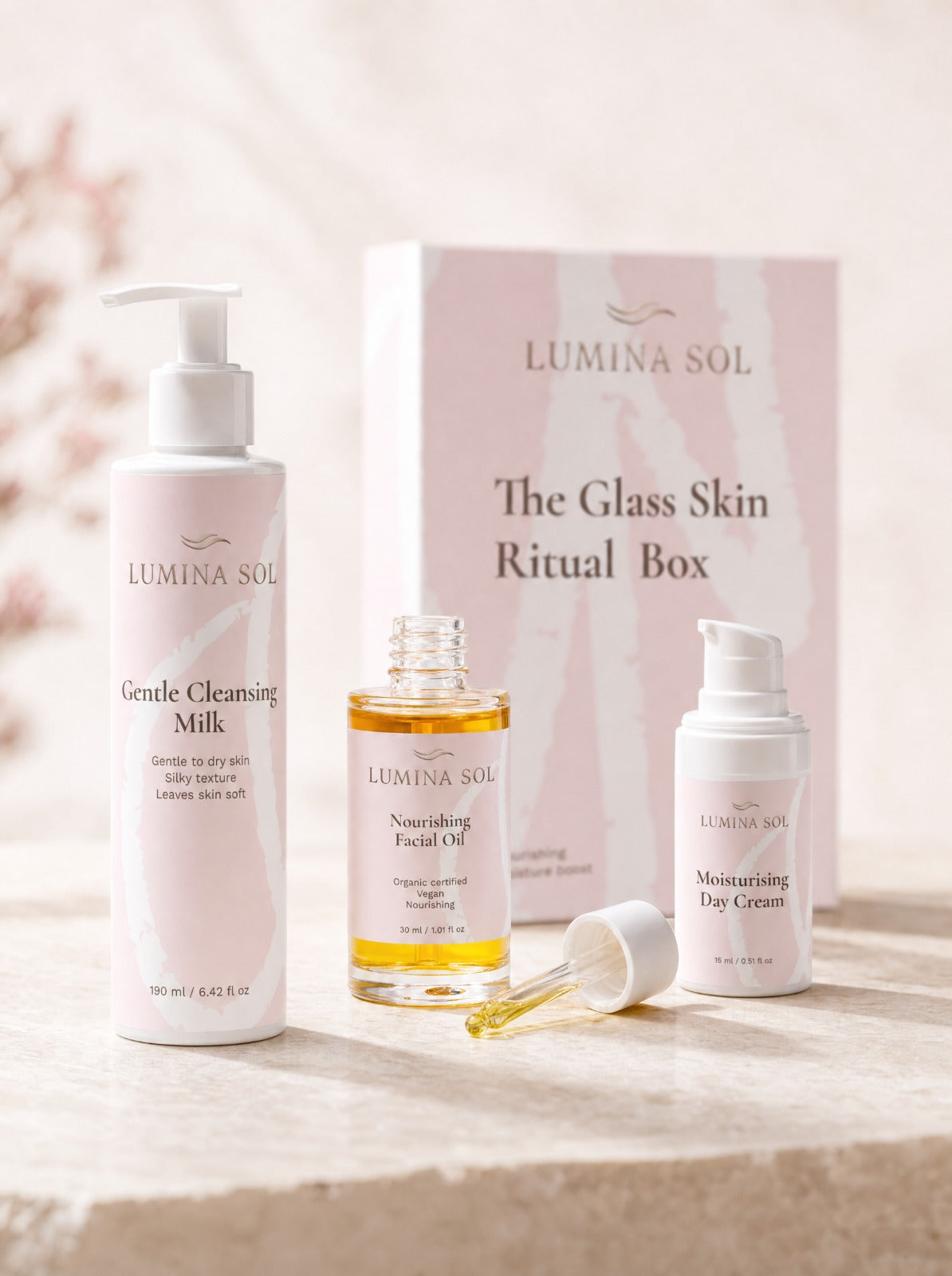 The Glass Skin Ritual Box — three products: Cleansing Milk, Facial Oil, Moisturizing Cream