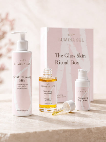 The Glass Skin Ritual Box — three products: Cleansing Milk, Facial Oil, Moisturizing Cream