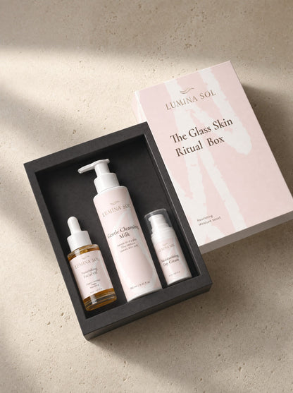 The Glass Skin Ritual Box — all three products on marble surface
