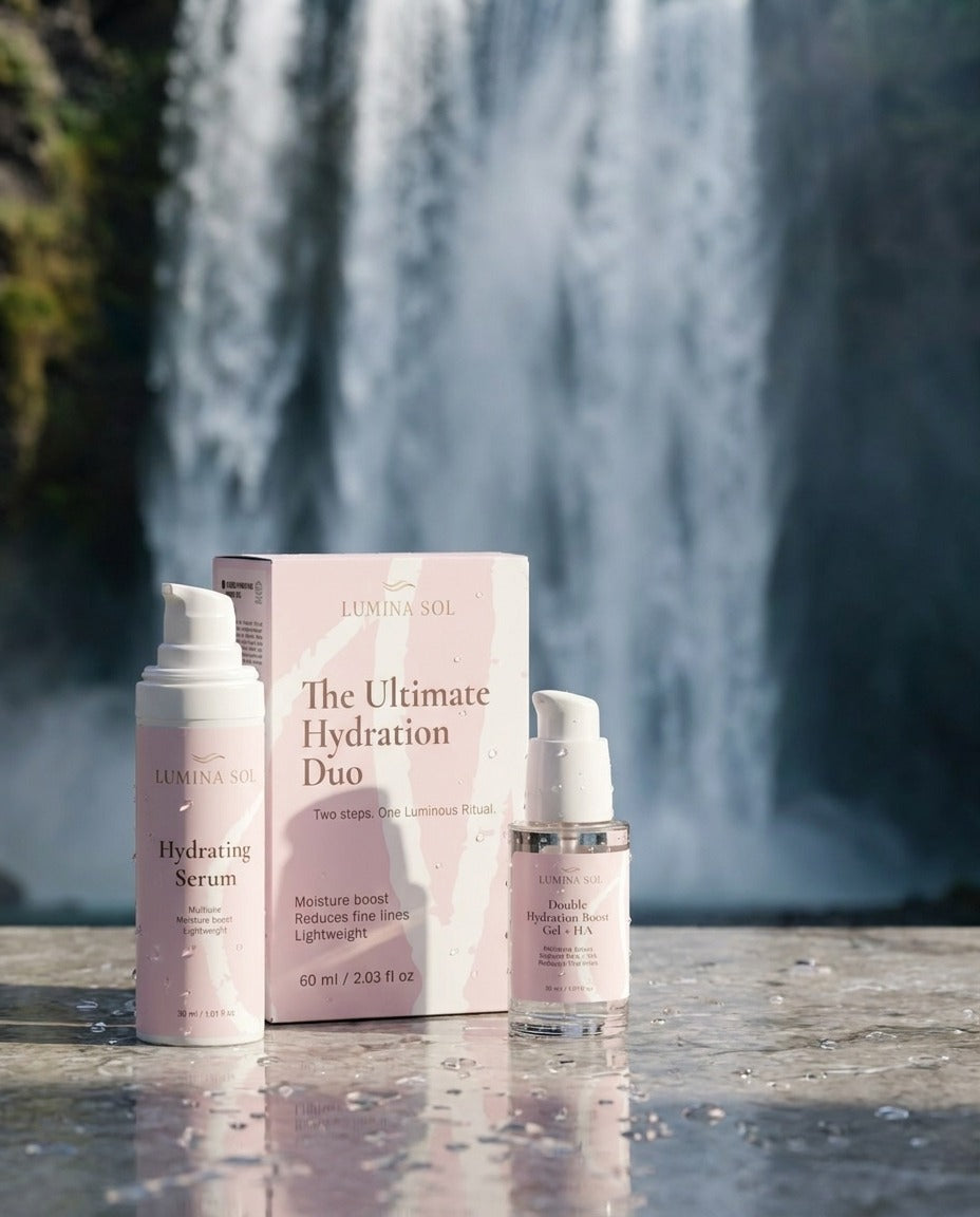 Ultimate Hydration Collection — flat lay with water drops and botanicals