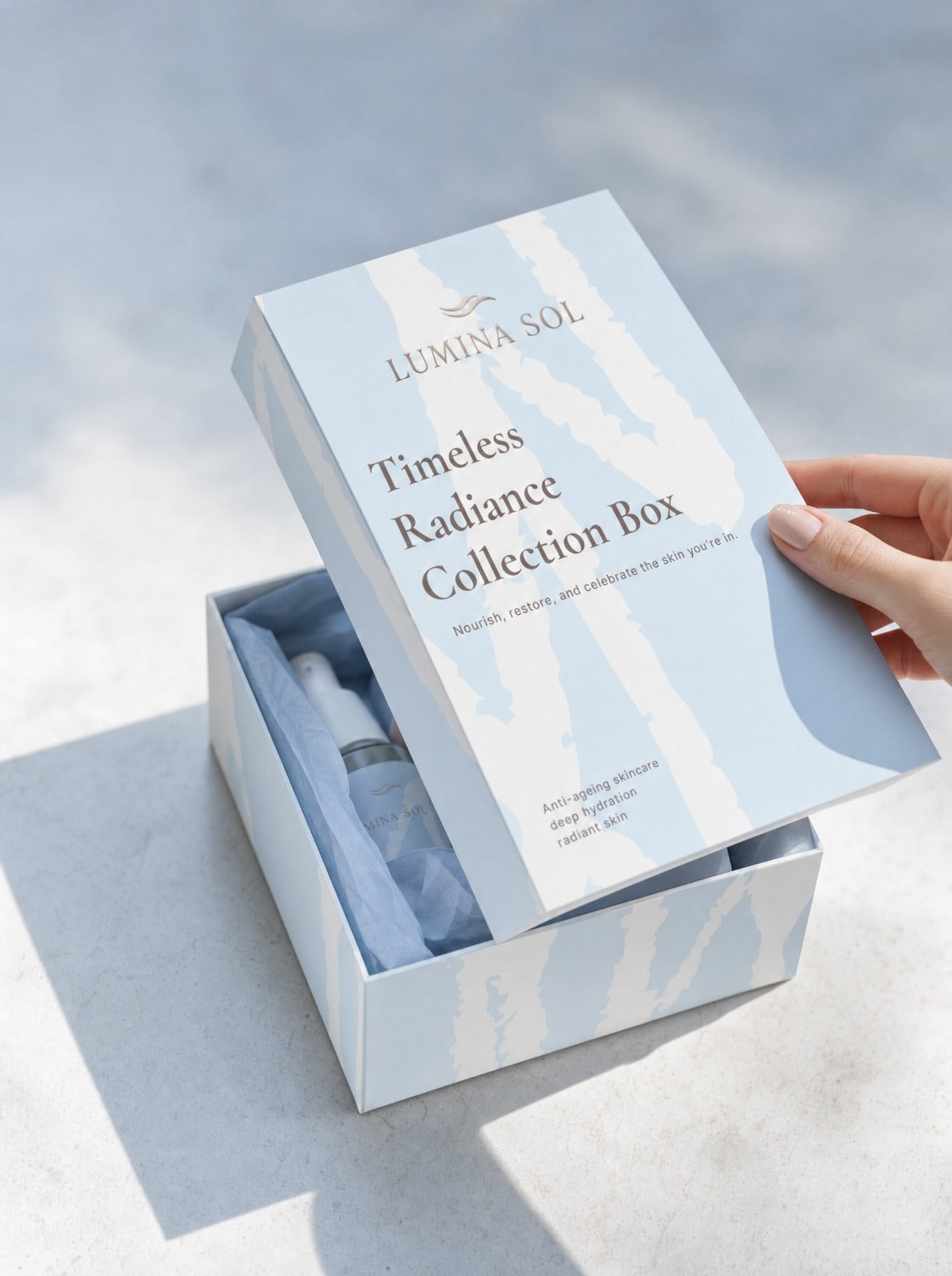 Timeless Radiance — gift box presentation with BiPhasic Remover, Hydration Gel, Day Cream