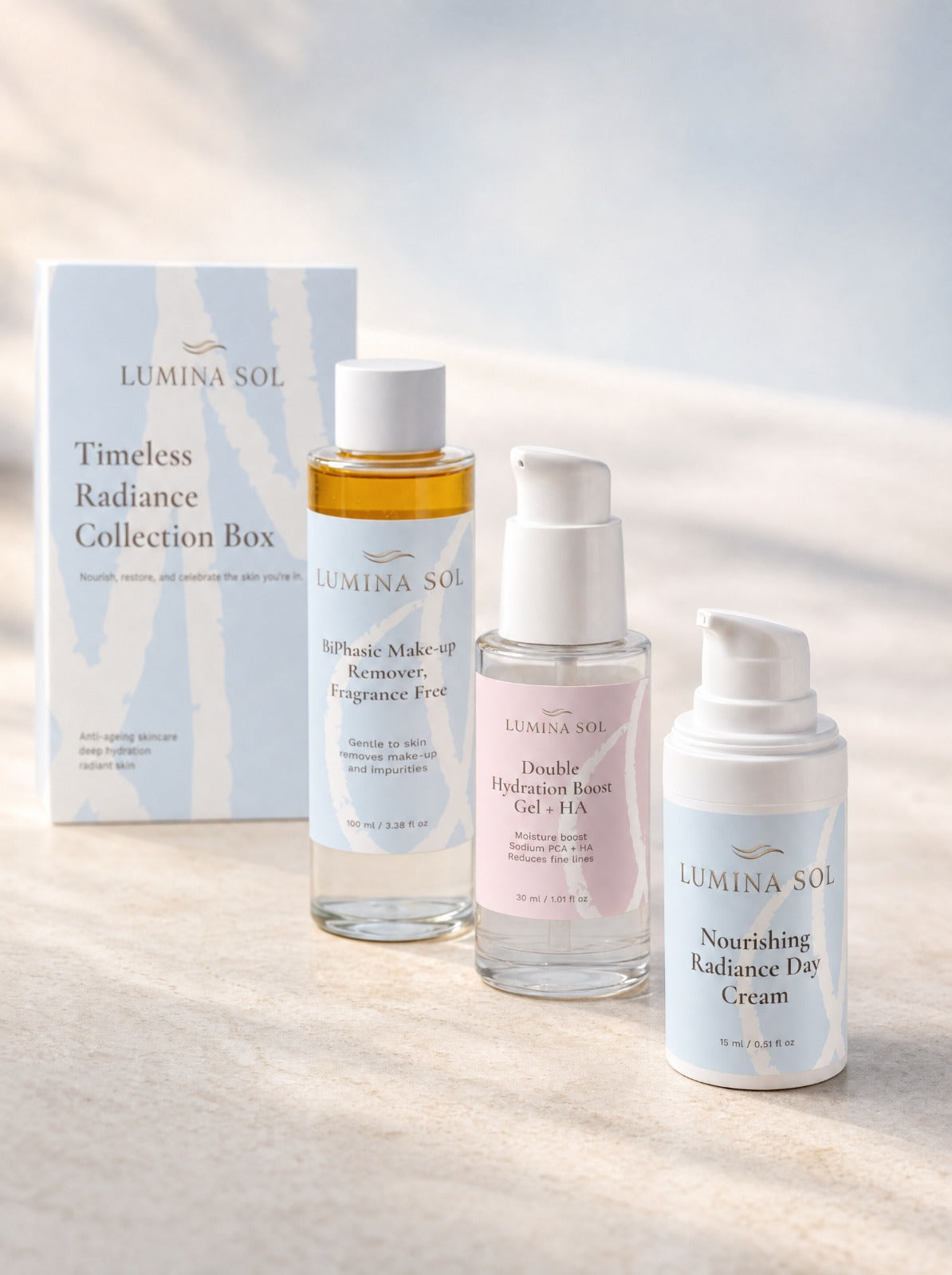Timeless Radiance — gift box presentation with BiPhasic Remover, Hydration Gel, Day Cream	
